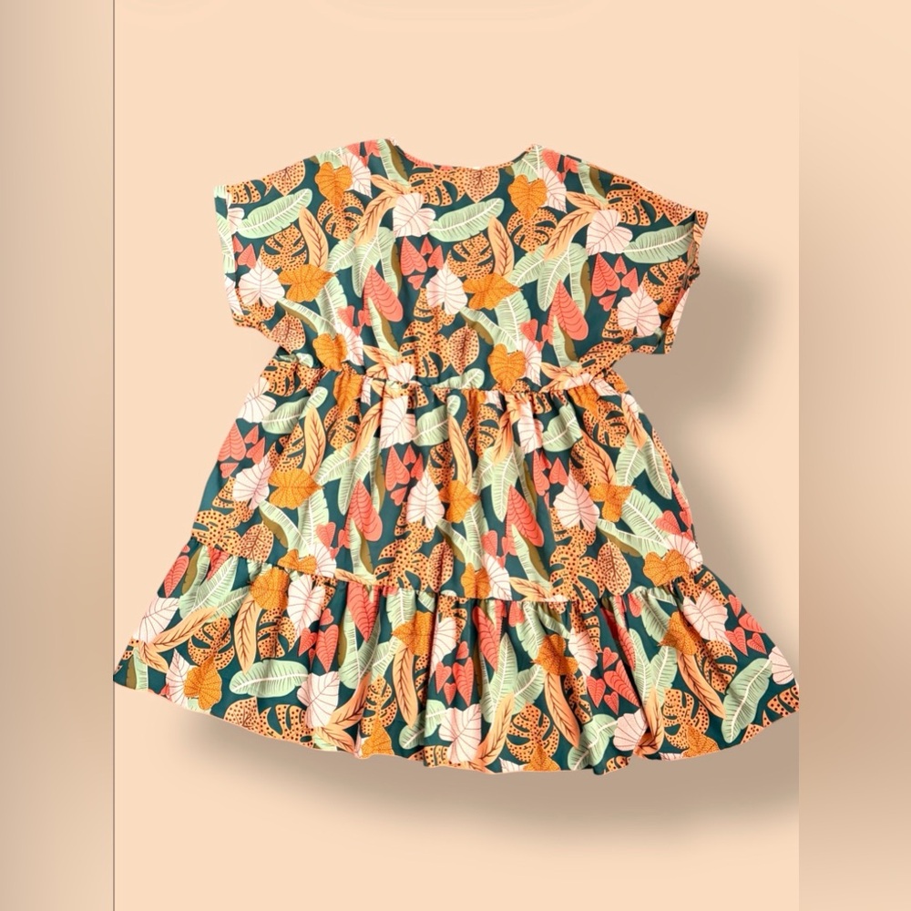 SHEIN Green Multi-Color Tropical Leaf V-Neck Smock Dress - Picture 4 of 6